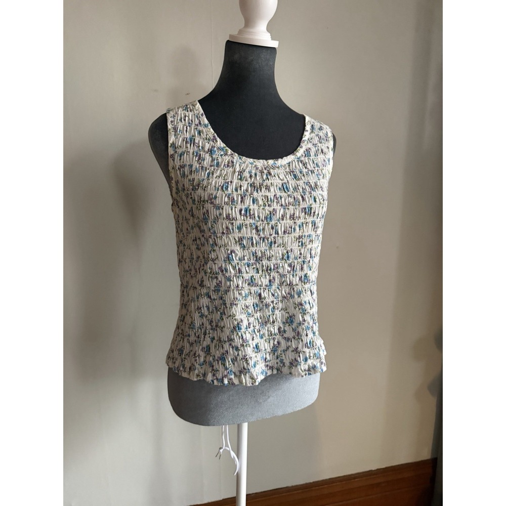 Vintage Smocked Y2K‎ Cottagecore Country Tank Top Boho Floral Cotton Rouched M